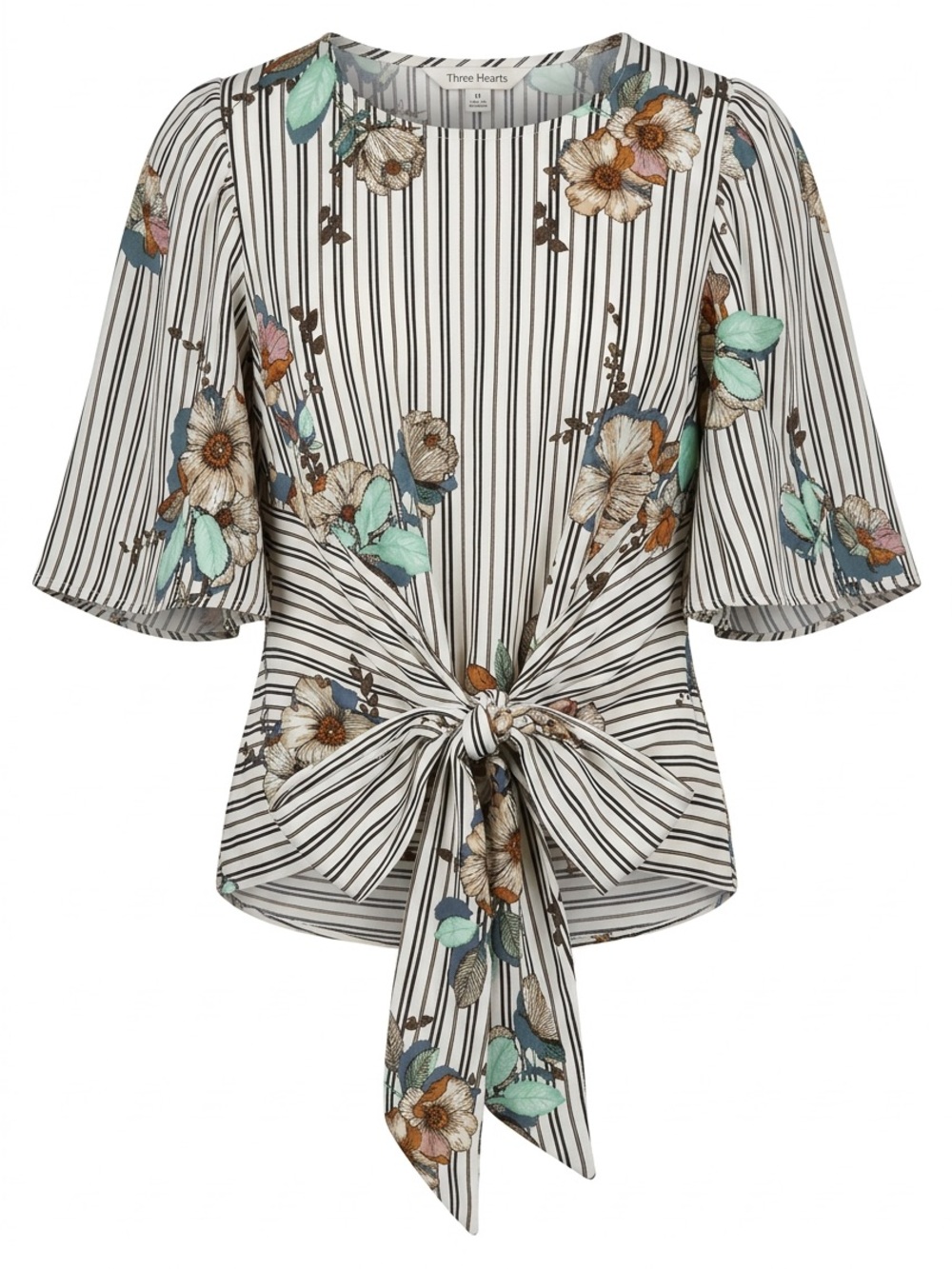 Three Hearts Striped Floral Tie-Front Top in Ivory and Black